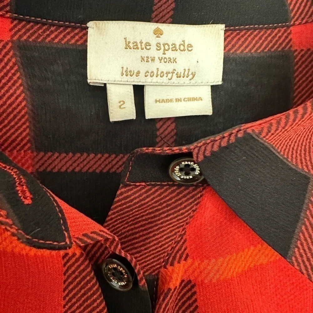 Kate Spade Red Plaid Semi Sheer Silk Ruffle Shirt size 2